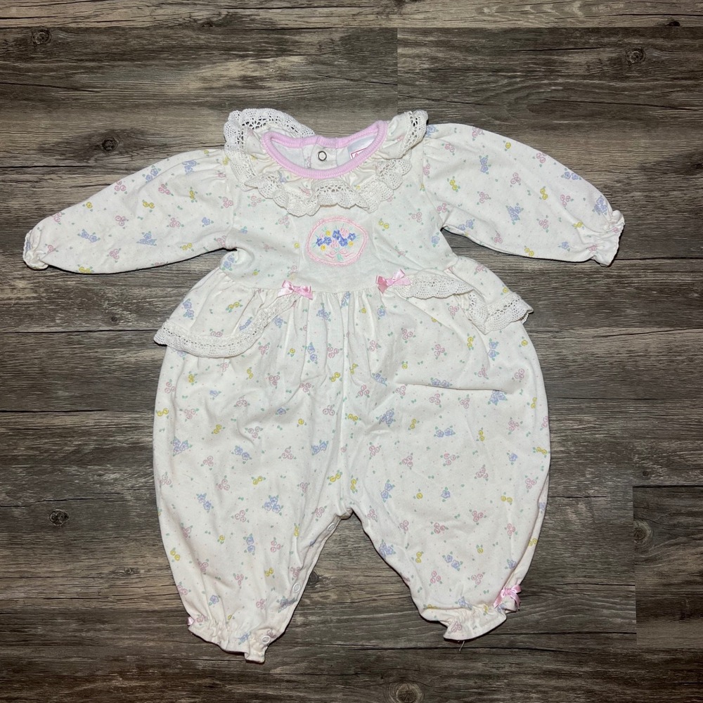 VTG Buster Brown Baby Girl Romper 6-9M Pastel Floral Lace Cottagecore USA Made